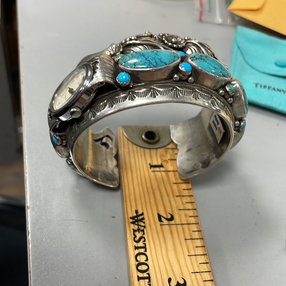 Native American Sterling Silver Turquoise Decorative Bangle Bracelet Watch - Picture 15 of 15